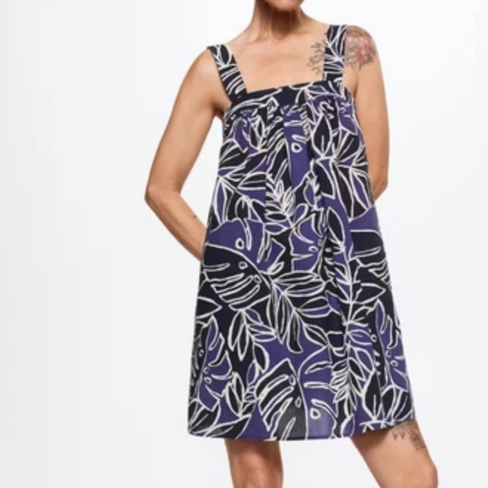 Mango Purple and Black Leaf Print Mini Dress